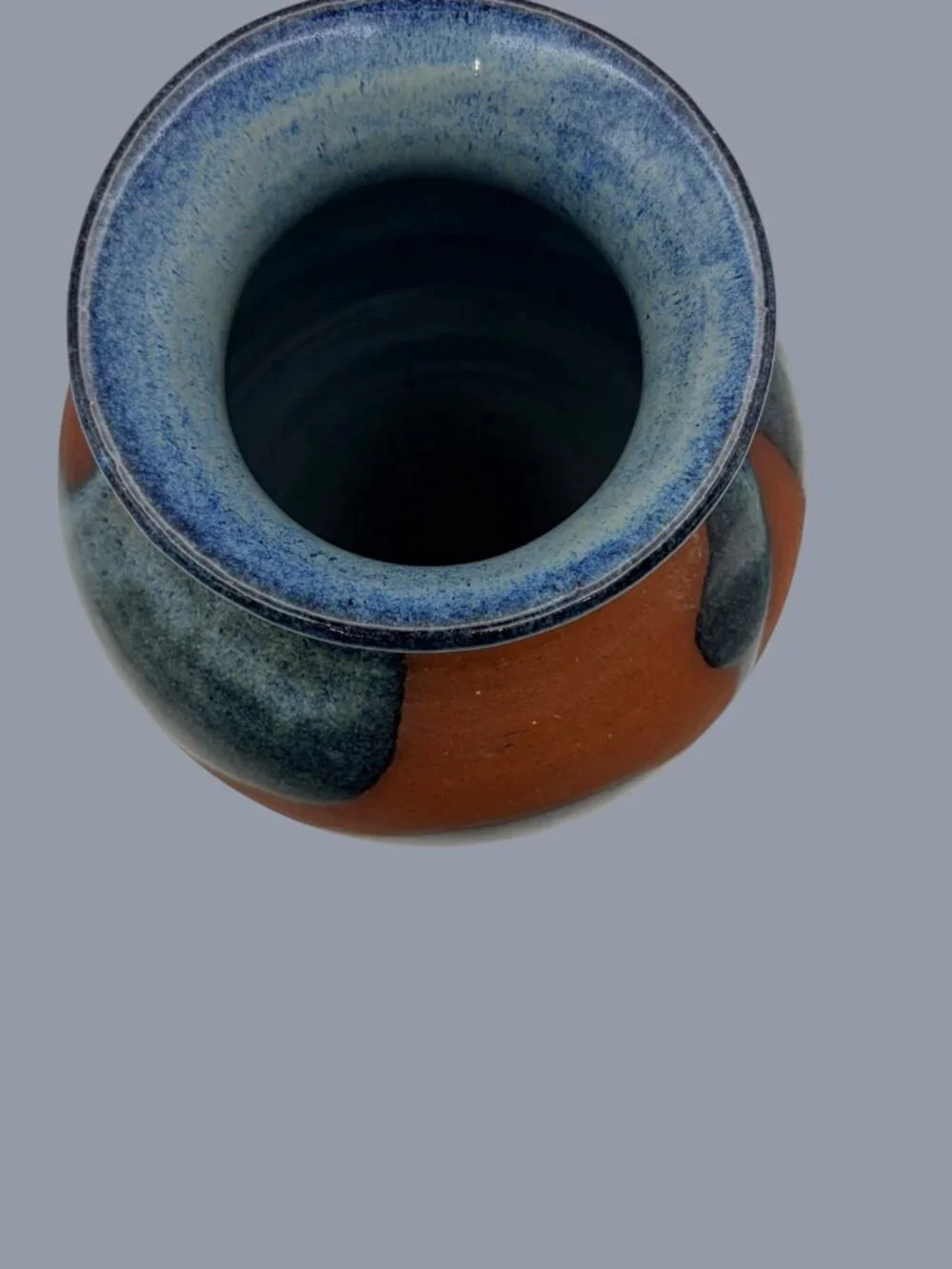SIGNED Prisca Studio Pottery Vase Blue Drip Glaze Terracotta Art Ceramic 7.5”